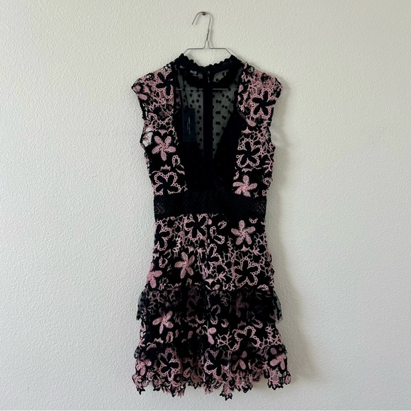 Romeo & Juliet Couture Dress | Small NWT | Black and Pink Floral Crochet Lace - Picture 2 of 7